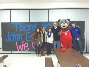 Pictured from left to right is: Student Council Representatives Haille David and Savannah Bottorff , Student Council Sponsor Missy Marvin, Mac Delaup from John Eagle Honda, Clutch, and Taylor High School Principal Jeff Stocks.